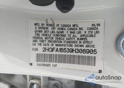 2009 Honda Civic Lx from USA, damaged, VIN 2HGFA16539H308905